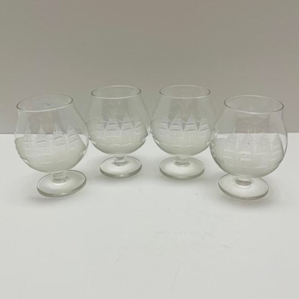 Vintage Toscany Etched Clipper Ship Crystal Brandy/Cognac Snifters-Set of (4)